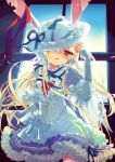  bad_id blonde_hair bunny_ears dress fingerless_gloves frills gloves hat hat_over_one_eye hime03 lolita_fashion long_hair looking_at_viewer orange_eyes original red_eyes solo white_dress white_gloves window 