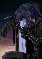  1boy ammunition_belt aqua_eyes arm_up baconepibaby black_bow black_bowtie black_coat black_gloves black_pants bow bowtie closed_mouth coat collared_shirt commentary_request evening fanghunt_office_(identity)_(project_moon) gloves half_updo highres hong_lu_(project_moon) limbus_company pants project_moon shirt sidelocks solo twilight white_shirt 