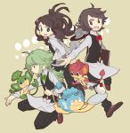  1girl 2boys apron bad_id black_hair blue_eyes brown_hair cake cosplay food green_eyes green_hair multiple_boys n_(pokemon) panpour pansage pansear pokemon pokemon_(creature) pokemon_(game) pokemon_black_and_white pokemon_bw ponytail toco_(7037034) touko_(pokemon) touya_(pokemon) 