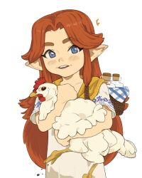  1girl absurdres animal basket bird blue_eyes blush bottle brown_hair chicken commentary cowboy_shot cucco curtained_hair dress english_commentary flipped_hair highres holding holding_animal holding_basket holding_bird horse_print long_hair long_pointy_ears malon middle_part milk_bottle notice_lines open_mouth parted_hair pointy_ears shawl short_sleeves sidelocks simple_background smile solanine solo teeth the_legend_of_zelda the_legend_of_zelda:_ocarina_of_time the_legend_of_zelda:_ocarina_of_time_(remake) thick_eyebrows upper_teeth_only white_background white_dress yellow_shawl young_malon 