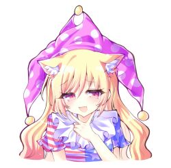  1girl :d american_flag american_flag_print american_flag_shirt animal_ear_fluff animal_ears blonde_hair blush chinese_commentary clownpiece commentary_request dot_nose fang finger_to_cheek flag_print hair_between_eyes hat highres jester_cap ke_lao_pi_pi_si kemonomimi_mode long_hair looking_at_viewer neck_ruff open_mouth polka_dot polka_dot_headwear pom_pom_(clothes) print_shirt purple_hat red_eyes shirt short_sleeves simple_background skin_fang smile solo split_mouth star_(symbol) star_print striped_clothes touhou upper_body v white_background 