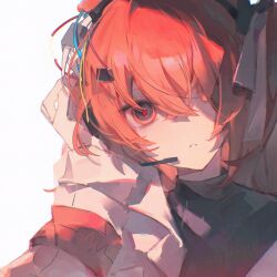  1girl a.i._voice adachi_rei black_shirt cardiogram commentary_request crossed_bangs hair_over_one_eye hand_on_headset headset highres jacket looking_at_viewer orange_eyes orange_hair parted_lips phlic red_pupils ribbon shirt simple_background solo white_background white_jacket white_ribbon 