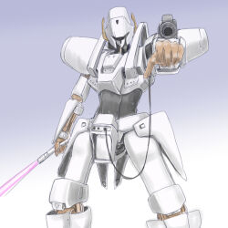  1980s_(style) aiming aiming_at_viewer beam_cannon blue_sky cable commentary energy_beam energy_cannon energy_sword english_commentary exposed_internal_machinery faux_retro_artstyle gradient_background highres juusenki_l-gaim kuroneko_koubou l-gaim mecha no_humans retro_artstyle robot science_fiction sketch sky sword weapon 