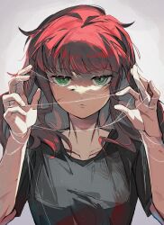 1girl alternate_costume azurierakey black_shirt blood blood_on_clothes blunt_bangs bug cassidy_amber collarbone commentary commission english_commentary green_eyes half-closed_eyes hands_up highres looking_at_viewer medium_hair missing_headwear project:_eden's_garden red_hair shirt short_sleeves silk simple_background solo spider spider_web t-shirt upper_body wavy_hair white_background white_shirt 