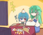  blue_hair detached_sleeves eating food food_on_head fruit green_eyes green_hair hair_ornament heterochromia himegi kochiya_sanae multiple_girls orange pyonta red_eyes short_hair snake table tatara_kogasa television touhou 