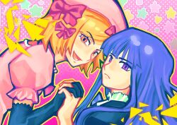  2girls abstract_background absurdres black_dress black_gloves blonde_hair blue_hair blunt_bangs bow collar collarbone colorful commentary dress english_commentary expressionless frederica_bernkastel frilled_collar frills frown gloves hair_bow halftone hat head_tilt heart highres holding_hands lambdadelta long_hair looking_at_another multiple_girls oneinhiding orange_eyes parted_lips pastel_colors pink_background pink_bow pink_dress pink_hat polka_dot polka_dot_background pop_art puffy_sleeves short_hair short_sleeves smile smug triangle umineko_no_naku_koro_ni violet_eyes 