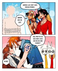  1boy 3girls bandana bare_shoulders black_hair blue_jacket blush brown_eyes commentary denim denim_jacket english_text genderswap genderswap_(ftm) genderswap_(mtf) hat headphones highres jacket ki2ri5 long_hair long_nose looking_at_another luffyko monkey_d._luffy multiple_girls nami_(one_piece) one_piece orange_hair red_shirt scar scar_on_cheek scar_on_face shirt short_hair shoulder_tattoo sleeveless sleeveless_jacket speech_bubble straw_hat tattoo usopp 