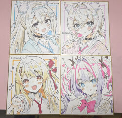  4girls :d animal_ear_fluff animal_ears beamed_eighth_notes black_collar blonde_hair blue_cardigan blue_eyes blue_hair blue_hairband blue_necktie blush_stickers brown_hair candy cardigan closed_mouth collar collared_shirt commentary_request diagonal-striped_clothes diagonal-striped_necktie dress_shirt eighth_note fake_horns fang food fuwawa_abyssgard hair_between_eyes hair_intakes hair_ornament hairband heart heart-shaped_food heart-shaped_lollipop holding holding_candy holding_food holding_lollipop hololive hololive_dev_is hololive_english horns kikirara_vivi lollipop long_sleeves mauve mococo_abyssgard multicolored_hair multiple_girls musical_note musical_note_hair_ornament nail_polish necktie otonose_kanade outstretched_arm photo_(medium) pink_cardigan pink_eyes pink_hair pink_hairband pink_nails pink_necktie puffy_long_sleeves puffy_sleeves purple_hair red_necktie shaped_lollipop shikishi shirt signature sleeves_past_wrists smile streaked_hair striped_clothes striped_necktie traditional_media twintails two-tone_hair v white_shirt wolf_ears 