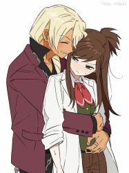  1boy 1girl ace_attorney apollo_justice:_ace_attorney blonde_hair bow bowtie breasts brown_hair closed_eyes closed_mouth coat commentary_request cowboy_shot dark-skinned_male dark_skin ema_skye grey_eyes gyaruo hetero high_collar highres hug hug_from_behind jewelry klavier_gavin korean_commentary lab_coat long_hair long_sleeves looking_at_another looking_to_the_side red_bow red_bowtie red_coat ring secret9050 short_hair sidelocks simple_background sleeves_rolled_up small_breasts smile swept_bangs white_background 