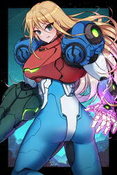  1girl aqua_background arm_cannon armor artist_name black_border blonde_hair blue_armor blue_eyes border commentary_request cowboy_shot from_behind glowing_arm highres long_hair looking_at_viewer metroid metroid_(creature) metroid_ravenous missing_headwear mole mole_under_mouth multicolored_armor normal_suit_(metroid) official_alternate_costume power_suit_(metroid) red_armor samus_aran science_fiction solo wakaba_(wata_ridley) weapon white_armor 