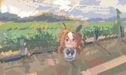  1girl ahoge animal_ears blue_sky brown_hair cewid chibi commentary copano_rickey_(umamusume) english_commentary faux_traditional_media fence grass highres horse_ears horse_girl landscape looking_at_viewer mountainous_horizon orange_eyes outdoors school_uniform sky smile solo tracen_school_uniform umamusume 