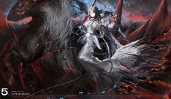  1girl absurdres animal anniversary arknights armor burning_clothes clothing_cutout commentary english_commentary english_text floating floating_object floating_weapon goat goat_girl goat_horns highres holding holding_sword holding_weapon horns ines_(arknights) long_hair looking_at_viewer mountainous_horizon oversized_animal plate plate_armor rearing riding sky solo star_(sky) starry_sky stomach_cutout sword thread torn_clothes unconventional_steed weapon yuki_flourish 
