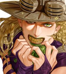  1boy absurdres beard blonde_hair bridal_gauntlets english_text facial_hair green_eyes green_lips grills grin gyro_zeppeli hat highres jojo_no_kimyou_na_bouken long_hair looking_at_viewer mechimun_jojo purple_bridal_gauntlets purple_shirt shirt simple_background smile solo sparkle upper_body white_background 