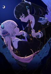 2girls backlighting black_hair black_jacket black_robe collared_shirt commentary_request crescent_moon dutch_angle epaulettes eye_contact face-to-face fake_horns from_side fuutasu0321 green_eyes grey_hair hair_tie hand_on_another's_chin hands_up heaven_burns_red highres holding_another's_wrist horns jacket long_hair long_sleeves looking_at_another military_uniform moon multiple_girls natsume_inori neck_ribbon night ogasahara_hisame outdoors ponytail profile red_ribbon ribbon robe shirt twintails upper_body very_long_hair white_shirt wide_sleeves yellow_eyes yuri 