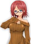  blue_eyes blush breasts glasses highres large_breasts naz no_bra off_shoulder original red_hair redhead short_hair simple_background smile solo sweater sweater_dress 