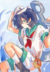  1girl anchor anchor_symbol black_hair boots brown_boots closed_eyes commentary_request green_eyes hat hishaku holding holding_anchor kneehighs looking_at_viewer murasa_minamitsu neckerchief nekodaisuki3737 puffy_short_sleeves puffy_sleeves red_neckerchief sailor_collar sailor_hat shirt short_hair short_sleeves shorts socks solo touhou twitter_username white_shirt white_shorts white_socks 