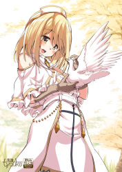 1girl animal anime_coloring artist_name bare_shoulders beads belt beret bird blonde_hair brooch brown_gloves capelet chauke clothing_cutout commentary_request cowboy_shot cross cross_print day dove downturned_eyes dress eyes_visible_through_hair freckles frilled_capelet frills gem gloves grass happy hat head_tilt high-waist_belt highres holding holding_animal holding_bird jewelry layered_dress light_blush looking_at_animal magical_girl mahou_shoujo_madoka_magica mahou_shoujo_madoka_magica:_walpurgis_no_kaiten margueritte_(madoka_magica) medium_dress medium_hair open_mouth outdoors petting print_dress scarf shoulder_cutout sky smile solo soul_gem_(madoka_magica) spring_(season) standing tareme tree watermark white_belt white_capelet white_dress white_hat white_scarf white_sky yellow_eyes yellow_gem