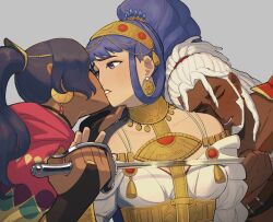  1boy 2girls abs armor aswan_hasdrubal_aragon bare_shoulders beard bertrand_(fire_emblem) blue_eyes blue_hair circlet cloak closed_eyes crescent crescent_earrings dark-skinned_female dark-skinned_male dark_skin dress earrings facial_hair fire_emblem fire_emblem:_fortune's_weave gold_choker gold_earrings green_eyes grey_background hair_ornament hair_rings hetero high_ponytail highres holding holding_sword holding_weapon hooded_poncho jael_dub jewelry kiss leda_(fire_emblem) long_hair multiple_girls muscular muscular_male pauldrons pectorals ponytail red_cloak red_eyes red_poncho shoulder_armor simple_background single_pauldron sword tassel tassel_hair_ornament tiara wavy_hair weapon white_dress white_hair yuri 