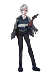  arm_under_breasts bandaged_arm bandages belt black_pants boots breasts burn_scar buttons cigarette clenched_hands coat coat_on_shoulders collared_shirt combat_boots commander_(azur_lane) commentary commission cowboy_shot curtained_hair cyborg double-breasted dress dress_shirt english_commentary female_commander_(azur_lane) full_body glowing glowing_eye glowing_lines grey_belt grey_hair hair_bun heterochromia highres holding holding_cigarette holster inku_(inkudraws) jacket large_breasts long_sleeves mechanical_arms messy_hair military motion_lines original pants prosthesis prosthetic_arm prosthetic_weapon scar shirt simple_background single_hair_bun single_mechanical_arm sleeves_rolled_up smoke smoke_trail thigh_holster torn_clothes torn_jacket white_background white_shirt 