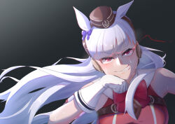  1girl absurdres animal_ears armband blunt_bangs blush bow breasts brown_hat clenched_teeth dress ear_bow eye_trail fang gloves gold_ship_(red_strife)_(umamusume) gold_ship_(umamusume) grey_hair hat highres horse_ears horse_girl large_breasts light_trail long_hair looking_at_viewer niwaka_negi open_mouth pillbox_hat red_bow red_dress simple_background sleeveless sleeveless_dress solo striped_armband striped_clothes sweat teeth umamusume upper_body violet_eyes white_gloves 