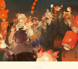  6+girls ^_^ absurdres arch_bridge arknights arm_up bandeau bare_shoulders bead_bracelet beads black_hair blue_hair bracelet braid breasts bridge chinese_commentary cloak closed_eyes coat colored_extremities commentary_request dragon_bean_(arknights) dragon_girl dragon_horns dragon_tail dusk_(arknights) earrings eastern_dragon_horns eastern_dragon_tail eyeliner fur-trimmed_cloak fur_trim gourd gradient_hair green_hands green_robe grey_hair hair_between_eyes hair_intakes hair_ornament hair_stick half_updo highres holding holding_lantern horns jacket jewelry jie_(arknights) jun_(arknights) lantern ling_(arknights) lion_dance long_hair long_sidelocks looking_at_another makeup medium_breasts medium_hair mei_ren multicolored_hair multiple_girls nian_(arknights) night off_shoulder orange_eyeliner paper_lantern pointy_ears pom_pom_(clothes) pom_pom_earrings profile purple_hair purple_hands red_bandeau red_hands robe sepia short_shorts shorts shu_(arknights) siblings sidelocks single_braided_sidelock sisters small_breasts streaked_hair tail tassel tassel_earrings very_long_hair watermark weibo_username weibo_watermark white_coat white_jacket yellow_hands 