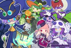  2boys 3girls agathe_(puyopuyo) alternate_costume animal_on_arm antennae aqua_flower aqua_rose ascot bandaged_head bandages belt between_fingers bird bird_on_arm black_belt black_capelet black_gloves black_hat black_pants black_skirt blue-framed_eyewear blue_butterfly blue_eyes blue_hat blue_jacket blue_pants blush_stickers bouquet bow bowtie brown_shoes bug butterfly butterfly_brooch cane cape capelet card card_between_fingers cat_tail cindy_(puyopuyo) claw_pose closed_mouth commentary_request covered_mouth creature domino_mask dress eye_mask fake_antennae felix_(puyopuyo) fence flower flower_pot full_moon ghost ghost_costume gloves green_bird green_cape green_eyes green_hair green_shirt grey_dress halloween halloween_costume hat hat_flower holding holding_bouquet holding_cane holding_card holding_flower_pot holding_lantern iron_fence jack-o'-lantern jacket jewelry jiangshi_costume lantern long_hair long_sidelocks long_skirt long_sleeves looking_at_viewer marte_(puyopuyo) mask mini_hat mini_top_hat moon multiple_boys multiple_girls necklace night official_style open_clothes open_jacket open_mouth orange_hat orange_shirt pants patchwork_clothes petticoat pimyuhuwa pink_hair pink_hat pink_tabard purple_hair purple_jacket puyopuyo puyopuyo_quest qingdai_guanmao red_bow red_bowtie red_eyes red_hair rita_(puyopuyo) rose screw_hair_ornament semi-rimless_eyewear shirt shoes short_hair sidelocks skirt sleeves_past_fingers sleeves_past_wrists smile standing standing_on_one_leg tabard tail top_hat twitter_username two-sided_fabric two-sided_headwear veil violet_eyes white_ascot white_dress white_gloves white_shirt white_veil witch_hat yellow_eyes 