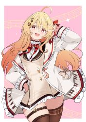  1girl ahoge blonde_hair blush bow bowtie brown_dress brown_sailor_collar commentary cowboy_shot dress frilled_jacket frills hair_ornament hair_ribbon highres hololive jacket long_hair long_sleeves looking_at_viewer multicolored_hair musical_note musical_note_hair_ornament neosirogane open_mouth otonose_kanade parted_bangs piano_keys piano_print red_bow red_bowtie red_eyes red_ribbon ribbon sailor_collar shirt simple_background smile solo thigh-highs virtual_youtuber 