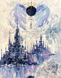  angel angel_wings architecture castle clouds cloudy_sky cool_colors cross english_commentary english_text european_architecture fantasy halo highres no_humans oil_painting_(medium) original painterly painting_(medium) reflection reflective_liquid scenery sekaijunohappa signature sky spire traditional_media window_light wings 