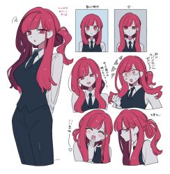  1girl age_comparison anger_vein black_necktie black_pants black_vest blunt_ends clenched_hand commentary_request cowboy_shot dress_shirt expressionless from_side half_updo highres long_hair long_sleeves looking_at_viewer looking_to_the_side maco22 mole mole_under_eye mugshot multiple_views necktie open_mouth original pants portrait red_eyes red_hair shirt smile sweatdrop vest white_background white_shirt 