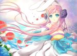  akara_(pixiv) bare_shoulders breasts bunny_ears ceru cleavage cloud clouds flower hair_flower hair_ornament highres japanese_clothes korean_clothes large_breasts long_hair original pink_hair sky solo twintails 