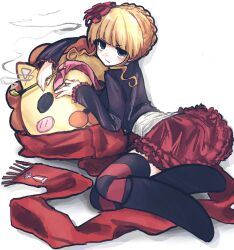  1girl absurdres bags_under_eyes beatrice_(umineko) black_jacket black_thighhighs blonde_hair blue_eyes blunt_bangs bored braid braided_bun commentary expressionless flower frills hair_bun hair_ornament half-closed_eyes highres holding holding_stuffed_toy hugging_object jacket lion long_sleeves looking_at_viewer lying on_side orcamismic pleated_skirt red_flower red_rose red_scarf red_skirt red_thighhighs rose sakutarou_(umineko) scarf sidelocks simple_background skirt smoking smoking_pipe solo striped_clothes striped_thighhighs stuffed_animal stuffed_lion stuffed_toy thigh-highs toy umineko_no_naku_koro_ni updo white_background 