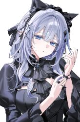  1girl absurdres alternate_costume anastasya_feodorovna_snezhnaya animal_ears ascot black_ascot black_dress black_nails black_ribbon blue_eyes blue_gem braid breasts cat_ears cat_girl chii_(chiiriring) closed_mouth commentary dress expressionless gem genshin_impact grey_hair hair_between_eyes hairband hands_up highres kemonomimi_mode long_hair long_sleeves looking_at_viewer pointy_ears ribbon simple_background solo symbol-shaped_pupils upper_body white_background 