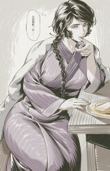  1girl 7nite absurdres braid cheese chinese_commentary chinese_text commentary_request food hand_on_table highres lipstick long_hair long_sleeves looking_down makeup mature_female mongolian_clothes plate purple_robe robe signature simple_background single_braid sitting solo speech_bubble sweatdrop table tenmaku_no_jaadugar thick_thighs thighs thinking thought_bubble toregene_(tenmaku_no_jaadugar) translation_request violet_eyes white_blanket wiping_mouth wooden_table 