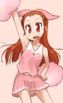  :d arm_up armpits blush bow brown_eyes brown_hair cheerleader fang hair_bow hand_on_hip hips idolmaster long_hair minase_iori open_mouth pom_poms skirt smile solo ttomm 