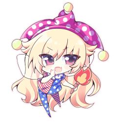  1girl :d absurdly_long_hair american_flag american_flag_legwear american_flag_pants american_flag_print american_flag_shirt blonde_hair blush chibi chibi_only chinese_commentary clownpiece commentary_request fairy_wings fang finger_to_mouth flag_print full_body hand_up hat highres holding holding_torch jester_cap ke_lao_pi_pi_si leaning_forward long_hair looking_at_viewer neck_ruff no_nose open_mouth pants polka_dot polka_dot_headwear print_pants print_shirt purple_hat red_eyes shirt short_sleeves simple_background skin_fang smile solo split_mouth standing standing_on_one_leg star_(symbol) star_print striped_clothes torch touhou v-shaped_eyebrows very_long_hair white_background wings 