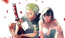  1boy 1girl artist_name black_hair blue_eyes blunt_bangs commentary english_commentary falling_petals green_hair highres kyoukaraa long_hair looking_at_viewer nico_robin one_piece petals roronoa_zoro shirt short_hair strap_slip sword t-shirt weapon 