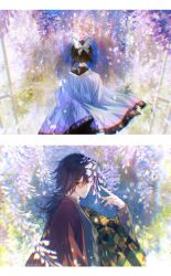  1boy 1girl absurdres animal_print black_hair black_jacket border butterfly_hair_ornament butterfly_print butterfly_print_haori closed_mouth commentary_request demon_slayer_uniform facing_away flower hair_between_eyes hair_ornament haori highres jacket japanese_clothes kimetsu_no_yaiba kochou_shinobu long_hair medium_hair print_haori purple_flower shirt sidelocks snxn160604 tomioka_giyuu updo upper_body white_border white_shirt wisteria 
