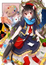  1girl :d absurdres acrylic_paint_(object) ahoge animal_ear_fluff animal_ears artist_glove bag beret black_hair black_sailor_collar blush bow cat_ears cat_girl cat_tail commentary_request cowboy_shot dot_nose drawing_(action) feet_out_of_frame flower frilled_skirt frills hair_between_eyes hat heripiro highres holding holding_stylus long_hair looking_at_viewer mail marker medal moon neckerchief necktie open_mouth original paint_palette paint_tube paintbrush picture_frame pink_flower plant polka_dot polka_dot_background red_bag red_eyes red_hat red_neckerchief red_necktie red_thighhighs ribbon sailor_collar scarf short_sleeves signature sketchbook skirt smile solo star_(symbol) stylus tail tail_bow tail_ornament tail_ribbon thigh-highs tree twitter_username two-tone_scarf v-shaped_eyebrows vines whiteboard 