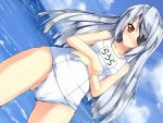  clothes_writing clothing_writing cloud clouds eyepatch infinite_stratos laura_bodewig long_hair midori-shiki name_tag red_eyes silver_hair solo swimsuit water 
