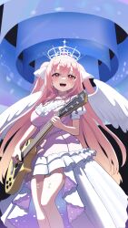  1girl :d ahoge angel angel_wings aogiri_koukou blush breasts commentary_request detached_collar double-parted_bangs dress electric_guitar empire_waist feathered_wings foot_out_of_frame frilled_dress frills gabu_rielu guitar halo heart heart-shaped_pupils heart_ahoge high-low_dress highres holding holding_guitar holding_instrument instrument large_breasts long_hair long_sidelocks looking_at_viewer official_alternate_costume open_mouth pink_dress pink_eyes pink_hair playing_guitar playing_instrument short_dress sidelocks smile solo symbol-shaped_pupils taachika thigh-highs tiara two_side_up very_long_hair virtual_youtuber white_thighhighs white_tiara white_wings wings zettai_ryouiki 