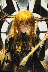  1girl absurdres antlers armor arms_at_sides black_armor black_cape black_necktie black_shirt blonde_hair breastplate cape closed_mouth collared_shirt couter don_quixote_(project_moon) floating floating_object floating_weapon glowing glowing_weapon gold_trim hair_between_eyes hand_up haute_couture::le_noir_brand_manager_(identity)_(project_moon) highres horns limbus_company long_hair looking_at_viewer necktie nemesiss_shido pauldrons project_moon rerebrace shirt shoulder_armor solo tassets upper_body vambraces very_long_hair weapon yellow_eyes 