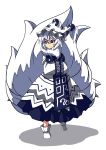  adapted_costume alternate_color alternate_costume alternate_hair_color blue_eyes boots fox_tail fur_trim hands_in_sleeves hat highres multiple_tails neki_(rushia) simple_background solo tail touhou white_hair yakumo_ran 