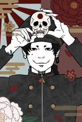  1boy 88kasyo_junrei arm_tattoo arms_up black_eyes black_hair black_jacket black_nails closed_mouth colored_skin commentary_request earrings egasumi expressionless facepaint facial_hair falling_petals flower flower_request gakuseibou goatee hand_tattoo hat highres hikimayu holding holding_skull hoop_earrings jacket jewelry long_sleeves looking_at_viewer low_ponytail male_focus margarette_hiroi military_uniform mole mole_under_eye nihonga pepepe_(pixiv_7936338) petals ponytail red_background red_facepaint red_flower single_earring skull solo straight-on sunburst tattoo two-tone_background upper_body white_background white_flower white_skin 