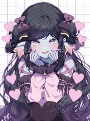  1girl bandaid bandaid_on_cheek bandaid_on_face black_hair black_pantyhose black_trim blouse blue_skin blush bow bow_earrings colored_skin commentary_request detached_sleeves dragon_quest dragon_quest_x earrings fang fish_girl gradient_hair grid_background hair_bow hands_on_own_cheeks hands_on_own_face heart highres jewelry jirai_kei long_hair looking_at_viewer monster_girl multicolored_hair nico_(nikon) nikon_(user_aznh7528) open_mouth pantyhose pink_bow pink_sleeves purple_bow purple_hair shirt short_twintails skin_fang solo squatting twintails weddie_(dq10) 
