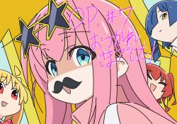  anime_coloring arakaki_issei blonde_hair bocchi_the_rock! commentary_request eyewear_on_head fake_facial_hair fake_mustache gotoh_hitori highres ijichi_nijika jacket kessoku_band kita_ikuyo looking_at_viewer official_artist_extra pink_hair pink_jacket pink_track_suit shaded_face smile star-shaped_eyewear star_(symbol) sunglasses track_suit yamada_ryo 