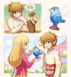  1boy 1girl absurdres arm_behind_head blonde_hair blue_eyes chisel commentary dress english_commentary enni figure highres holding holding_mallet link long_hair mallet obi outdoors pink_dress pointy_ears princess_zelda sash shirt sidelocks speech_bubble the_legend_of_zelda the_legend_of_zelda:_skyward_sword thought_bubble white_shirt 