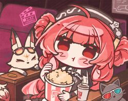  1girl :t ahoge animalization black_hat closed_mouth commentary_request cup disposable_cup eating food fox hat hsin_(wuthering_waves) korean_commentary long_hair movie_theater official_alternate_costume popcorn popcorn_bucket red_eyes red_hair shuangyaji solo sw_haze tacet_mark_(wuthering_waves) wuthering_waves 