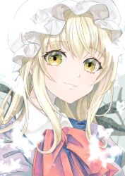  1girl blonde_hair bow bowtie closed_mouth collared_dress commentary_request contrast_collar dress hat highres leaf long_hair looking_at_viewer maribel_hearn mob_cap portrait purple_dress red_bow red_bowtie smile solo takahashi_kouta touhou yellow_eyes 