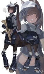  1girl absurdres animal_ears artist_name assault_rifle assault_visor blue_gloves brown_hair bulletproof_vest centaur cigarette clenched_teeth commentary_request gloves grey_gloves grey_jacket gun h&amp;k_hk416 helmet highres holding holding_gun holding_weapon horse_ears horse_tail jacket knee_pads long_hair multicolored_gloves multiple_views orange_eyes original police police_uniform policewoman ponytail rifle smoking soyoong_jun tactical_clothes tail taur teeth two-tone_gloves weapon 
