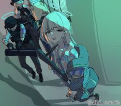  4girls against_wall armband bag battering_ram black_gloves black_pants blonde_hair blue_archive blue_armband blue_shirt bulletproof_vest clich51368861 fisheye foreshortening from_above gloves grey_eyes grey_hair grey_jacket gun hair_over_one_eye halo handgun hawaiian_shirt helmet holding holding_gun holding_weapon jacket kanna_(blue_archive) konoka_(blue_archive) long_hair low_twintails mask mouth_mask multiple_girls nervous off_shoulder open_mouth pants police police_uniform policewoman school_bag shirt shotgun shoulder_strap standing tactical_clothes twintails twitter_username valkyrie_police_academy_student_(sg)_(blue_archive) weapon window 